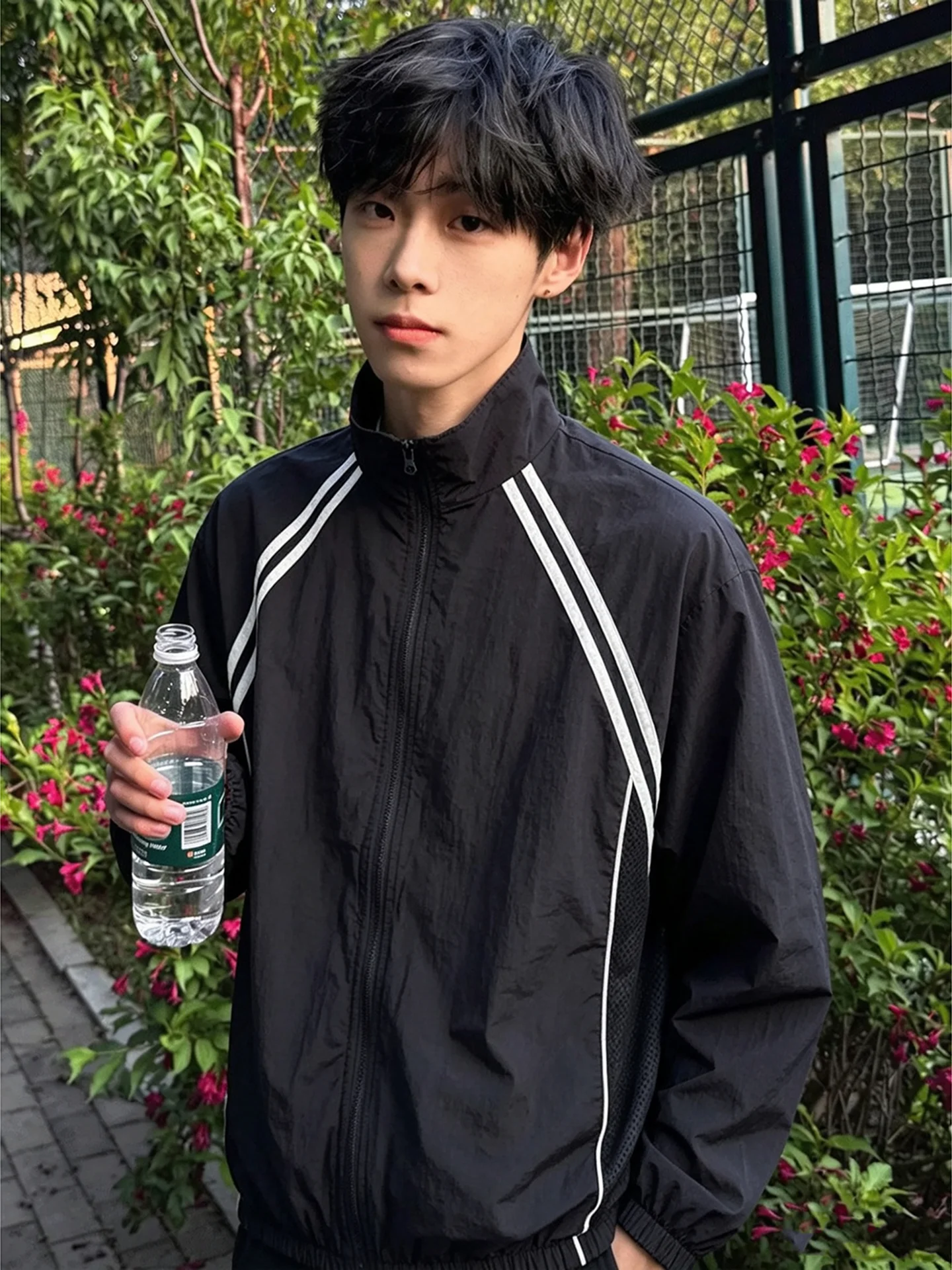 Outdoor Stripe Splicing Stand Collar Sun Protection Jacket Men's Mesh Punched Breathable Quick Dry Fleece Thin Riding Jacket