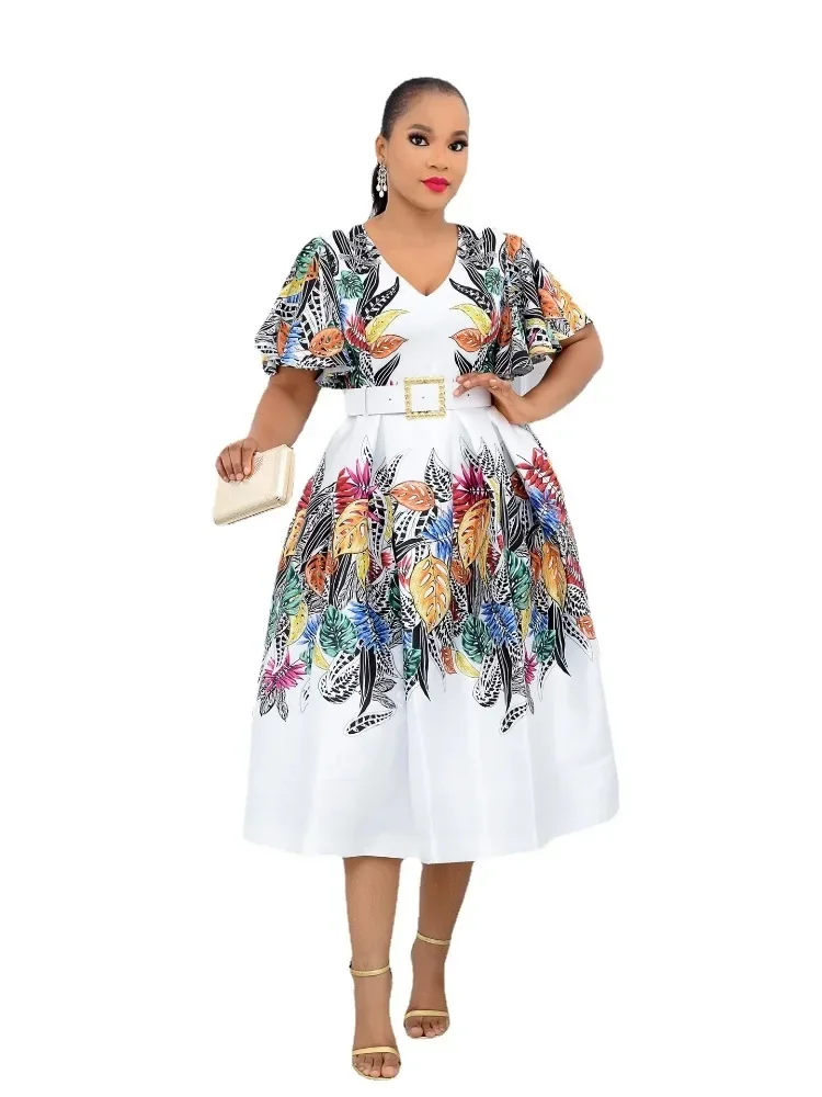 

African Dresses for Women Summer African Women Short Sleeve Printing V-neck Polyester Dress African Clothes Women No Belt