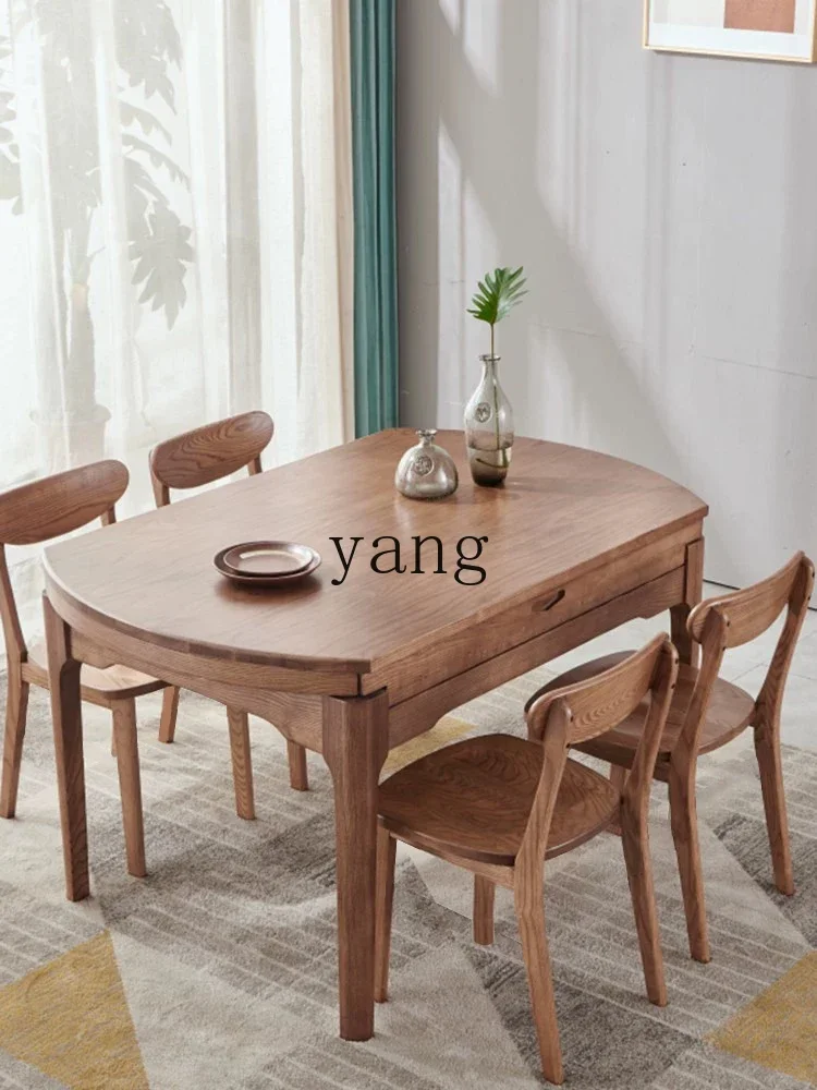 

LMM Nordic all-solid wood retractable folding household small apartment round dining table
