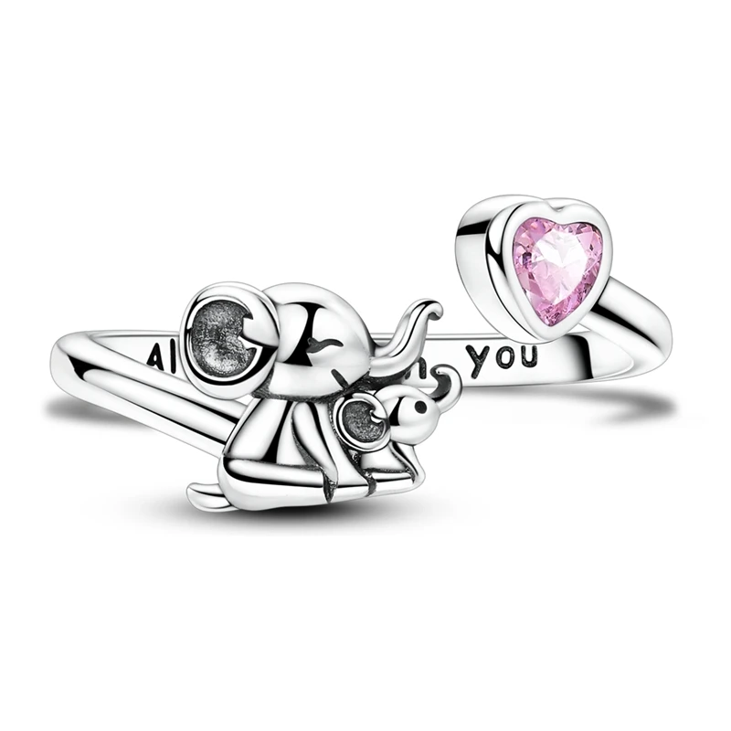 Original 925 Sterling Silver Elephant Parent-Child Open Rings For Women Girls Jewelry Birthday Anniversary Gifts