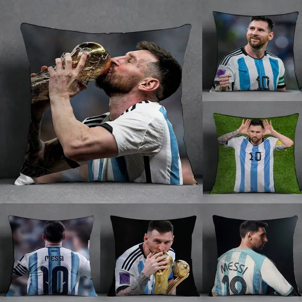 L-Lionel Messi Football GOAT Sports Square Double-Sided printed Pillow Case Bedroom Bedside Pillow Sofa Cushion Cover