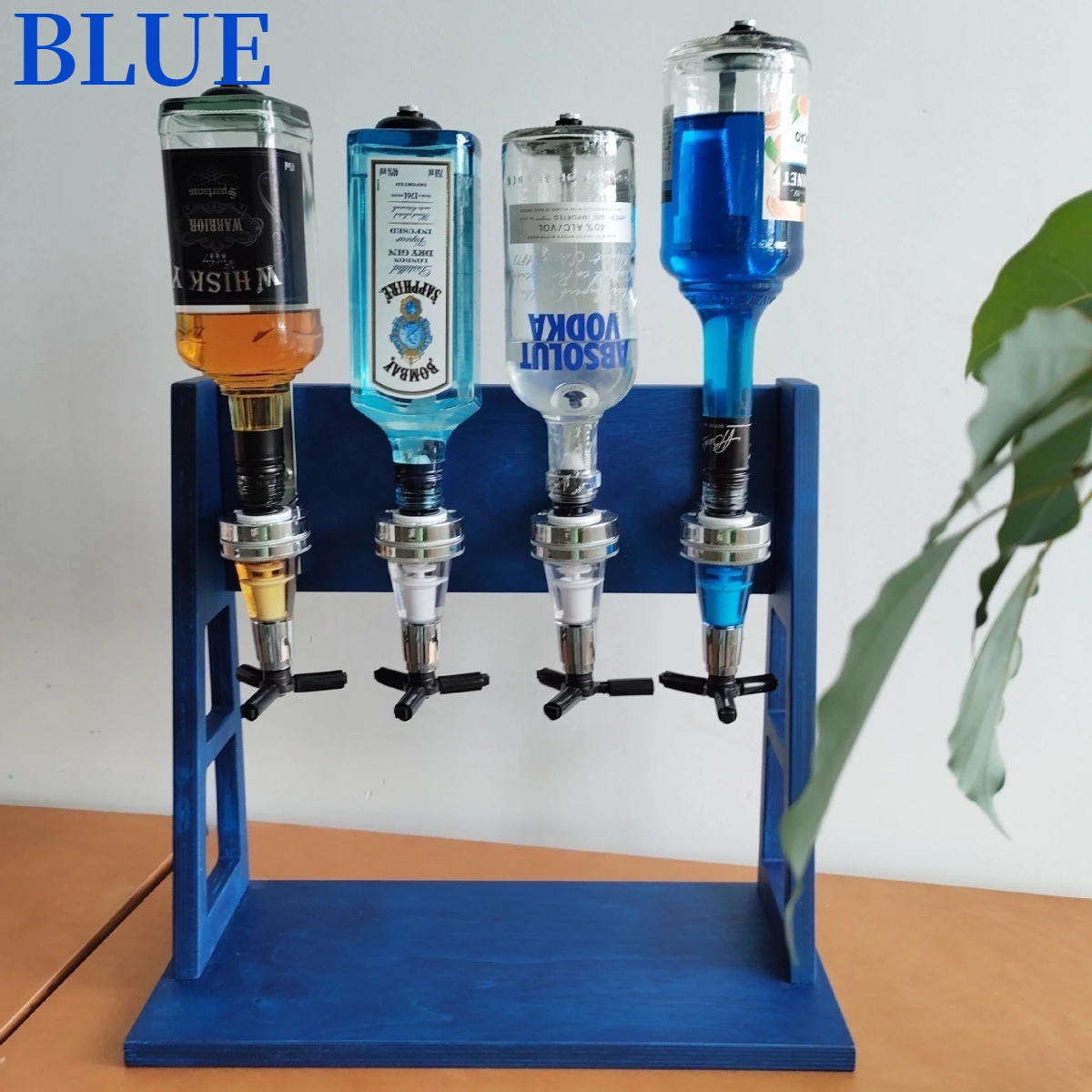 Countertop Wooden Liquor Dispenser Holder 4 Spout Spirit Bottle Pourer Display Rack for Bar Household Party