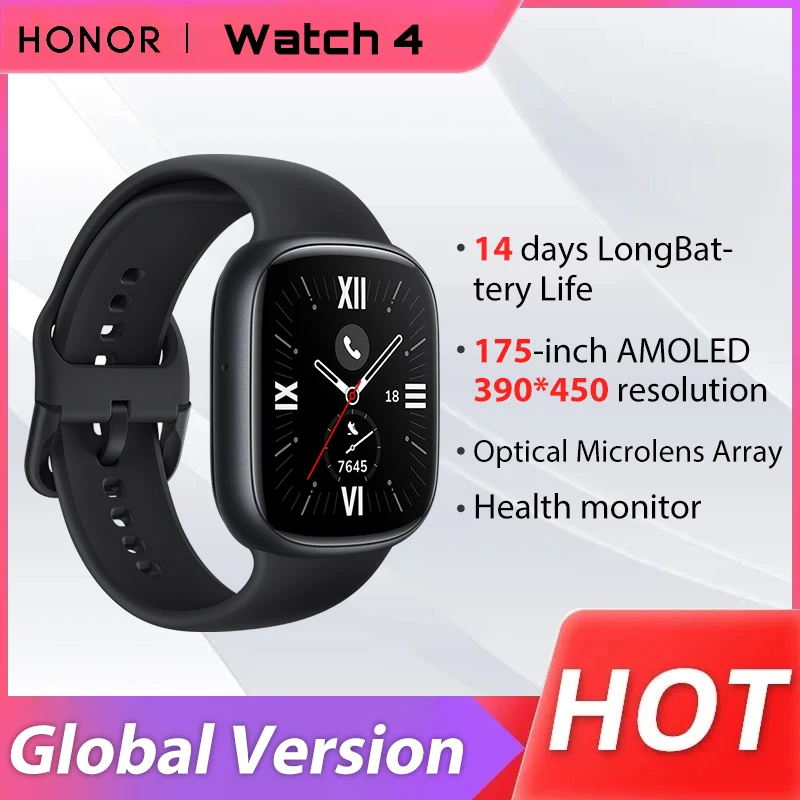 

Global Version HONOR Watch 4 1.75" AMOLED Display 5ATM Heart Rate Blood Oxygen Monitor GPS 14 Days Long Battery Smart Watch