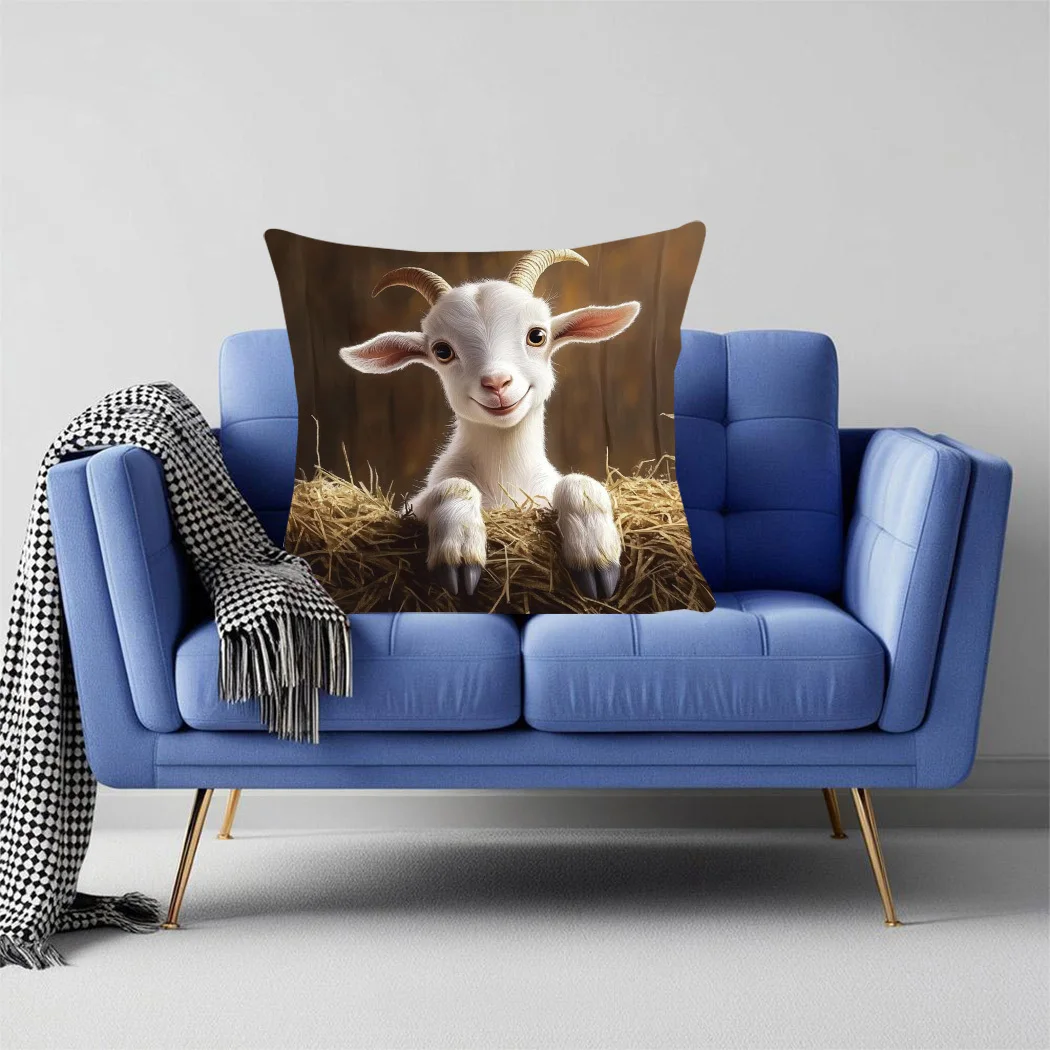1pc Cute Baby Goat Double‑Sided Print Pillow Cover, Cushion Case for Sofa Bedroom, Insert Not Included, Home Decor