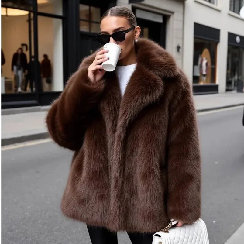 Women Faux Fur Mid Length Coats Jackets Turn Down Collar Vintage Coat Thick Warm Y2k Streetwear Jacket Elegant Autumn Winter