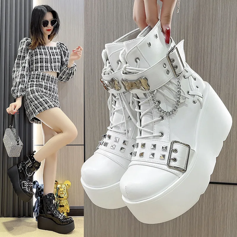 Gothic Chunky Platform Ankle Boots Ladies Metal Chain Rivet Decor Lace Up Alt Fashion Cosplay Shoes