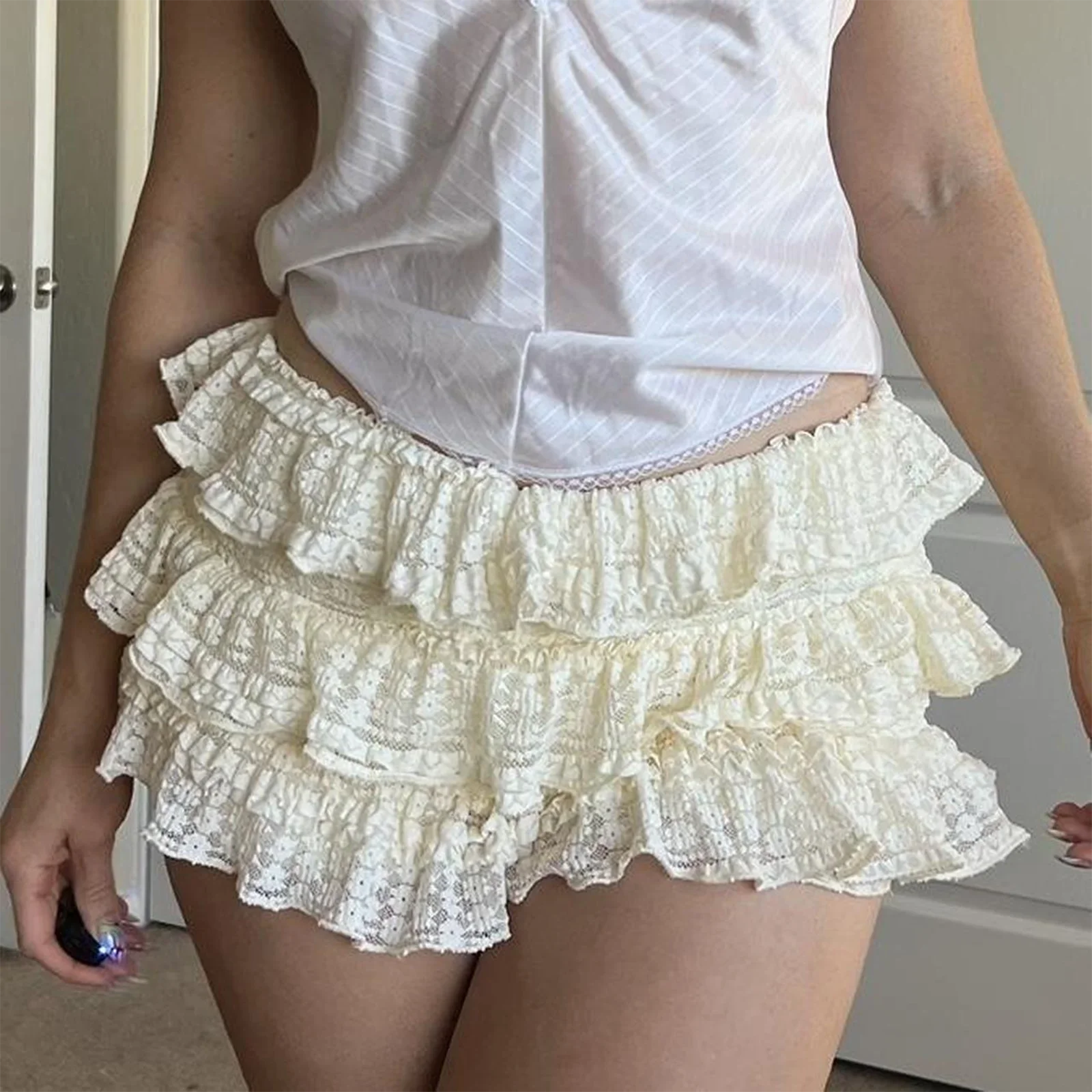 Sweet Cake Skirt Women Shorts Lace Ruffles Summer Chiffon Skirt Elastic Waist Comfy Shorts Puffy Ballet Style Y2k Boho Skirts