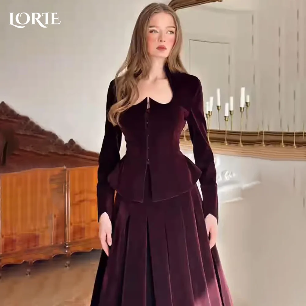 

LORIE Burgundy Long Evening Dresses Elegant Long Sleeve A-Line Prom Dresses 2026 Velvet Square Neck Saudi Party Gown Customized