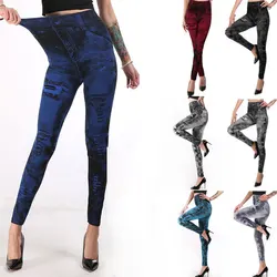 Stretch Fake Jeans Leggings for Women Slim Push Up Fitness Leggings Pants Fake Pockets Faux Denim High Waist Pencil Pants