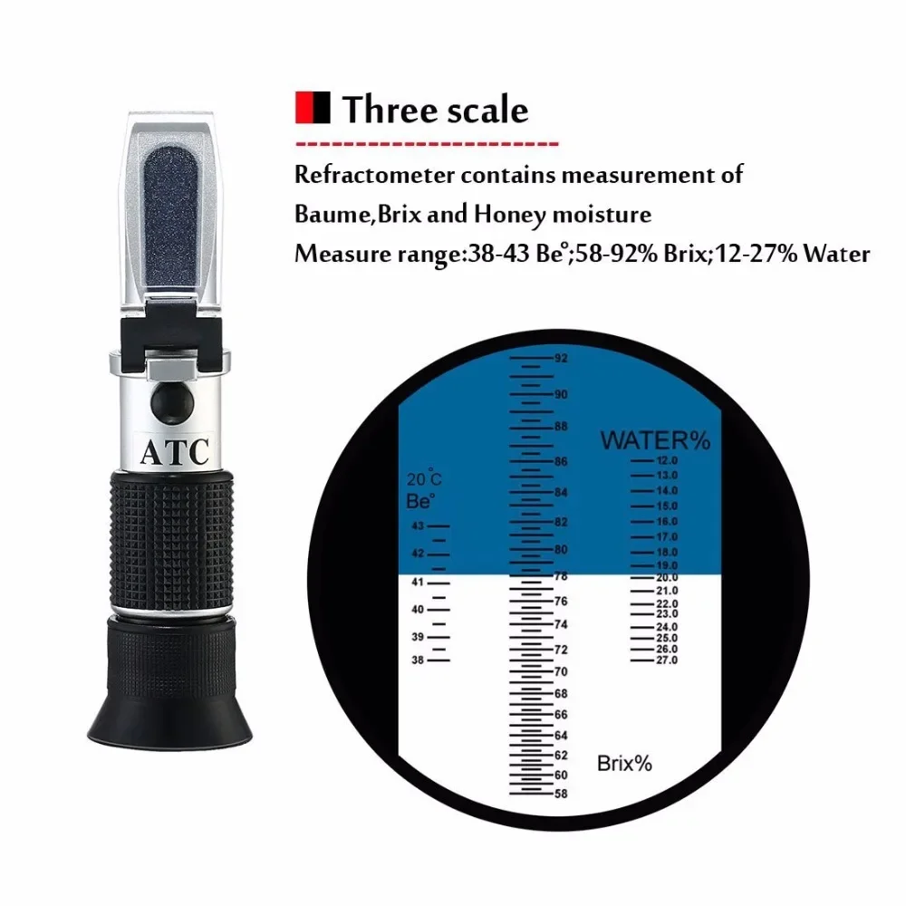 Newest Handheld refractometer Refraction Tools 58~90% Brix 38~43 Be Baume Honey Wine Water Contents (12 - 27%) Refractometer