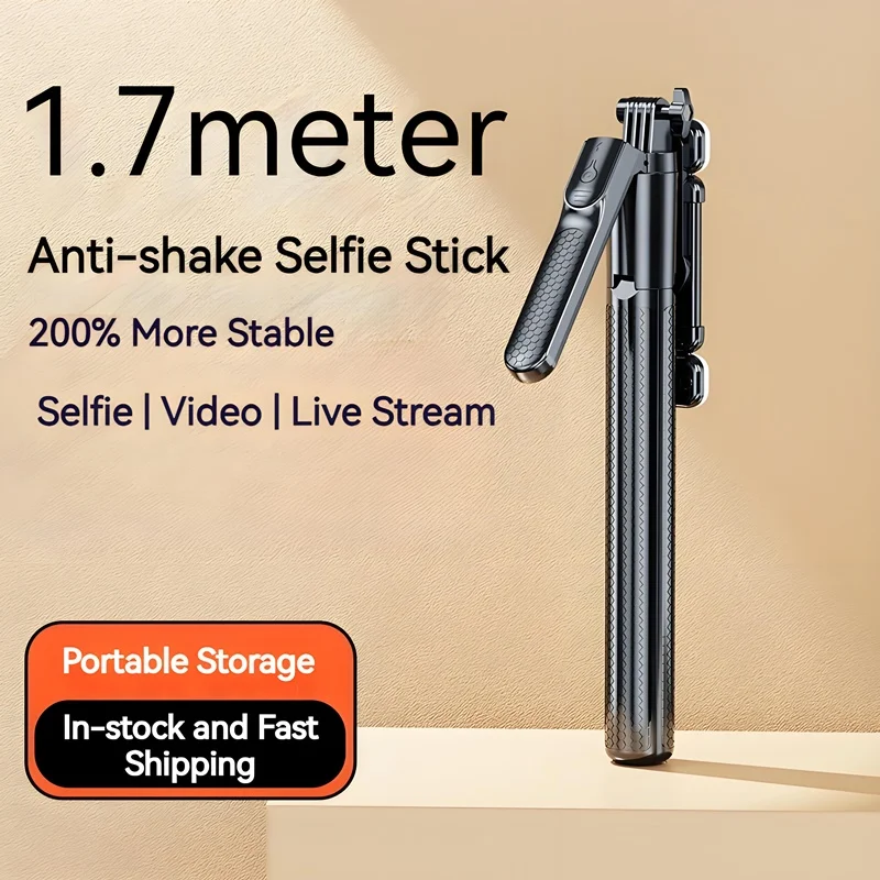 1.7M Portable Telescopic Selfie Stick 360 Rotation Anti Shake Handle Ring Fill Light Universal for iPhone Samsung Travel Outdoor