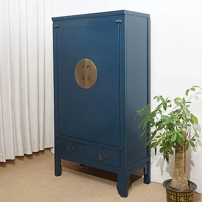 Retro Antique Chinese Dark Blue Solid Wood Wardrobe Ming Qing Classical Style Bedroom Storage Cabinet Home Furniture