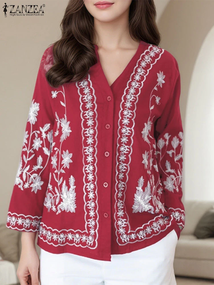 

ZANZEA Women Elegant V Neck Long Sleeve Blouse 2025 Autumn Printed Shirt Stylish OL Work Shirts Casual Buttons Tops Loose Blusas