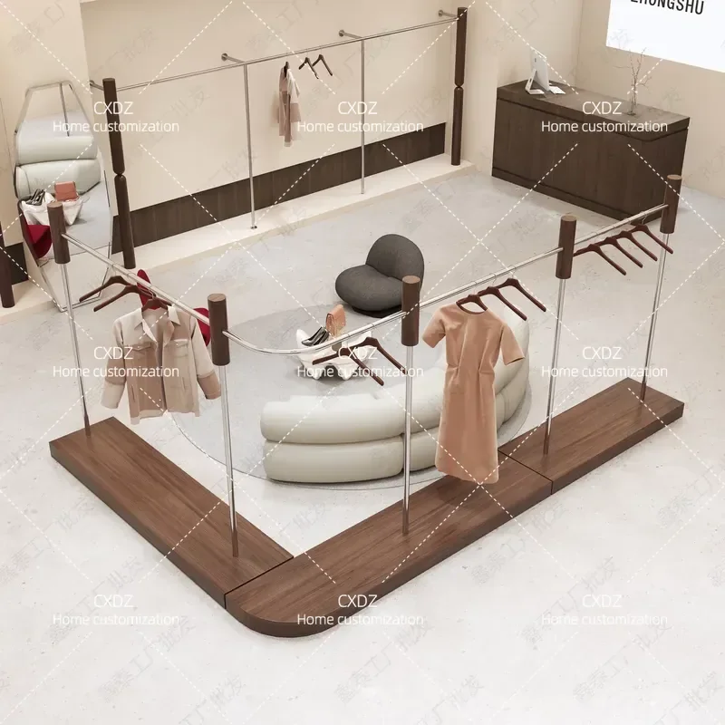 Walnut color clothing store display men's and women's clothing store stainless steel floor-to-ceiling hanger with plate