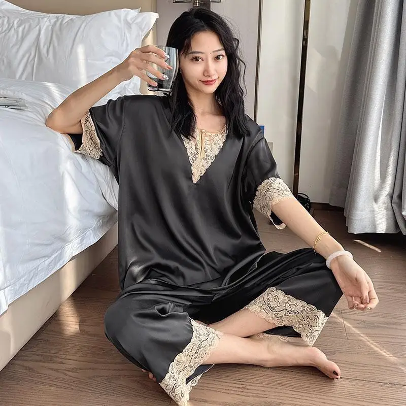 Silks Sleepwear Women Large Size Pajama Sets Lace Patchwork Tops Pants Two Pieces Loungewear V-neck Nightwear Luxury High-end