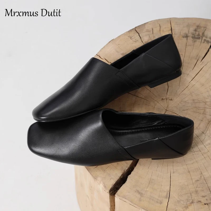 Mrxmus Dutit2024 Summer New Fashion Women Genuine Leather Square Head Flats Solid Simple Comfortable Casual Slip-on Shoes Female