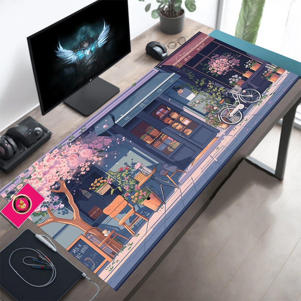 Kawaii Cute Mouse Pad Car Desk Decor, Anime-Inspired Purple Blue and Pink Tokyo Steet Bakery Shop Cute Desk Mat Mousepad Deskpad
