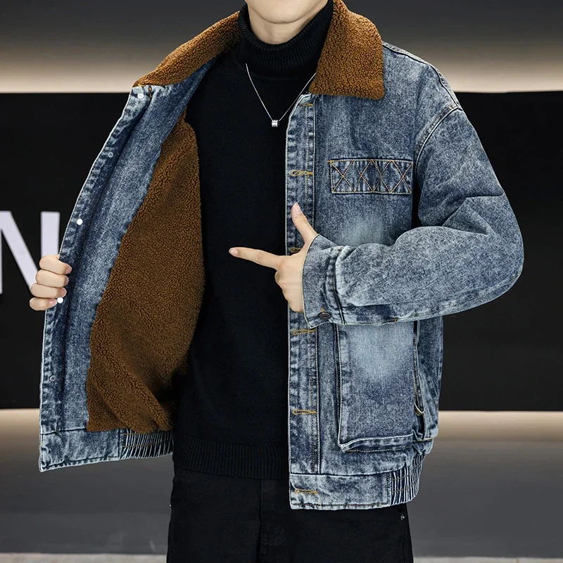 

2025 Autumn Winter Sherpa Fleece Liner Denim Jackets Men's Casual Thicken Jeans Coats Streetwear Cowboy Plush Warm Tops Clothing