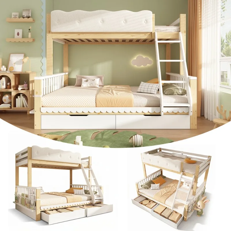 Bunk Beds for Kids, Children's Bunk Bed with Drawers and Side Bookshelf, Double Bunk Bed for Family with Multiple Children, (90+