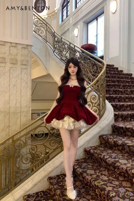 

2025 Autumn Winter New Red Light Luxury Strapless Slim Dress Velvet Puffy Waist Bow A-line Dress Versatile White Bustle