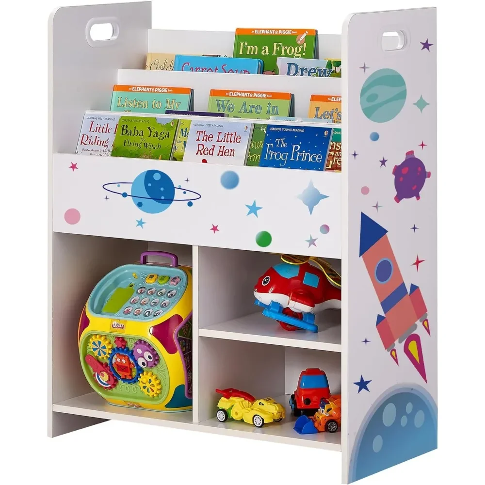 Children's bookcase, 2-in-1 children's sling bookcase with bookshelves and 3 cubes of different sizes,wooden toy storage cabinet