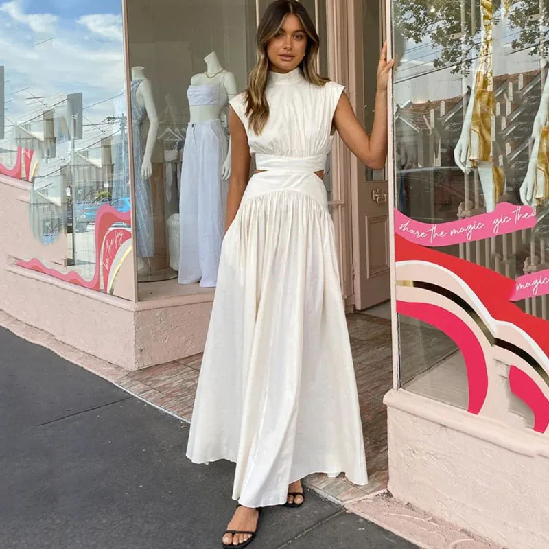 

Ardm Elegant Half High Collar Pleated White Summer Dresses For Women 2023 Sexy Hollow Out Backless Party Midi Dress Vestidos