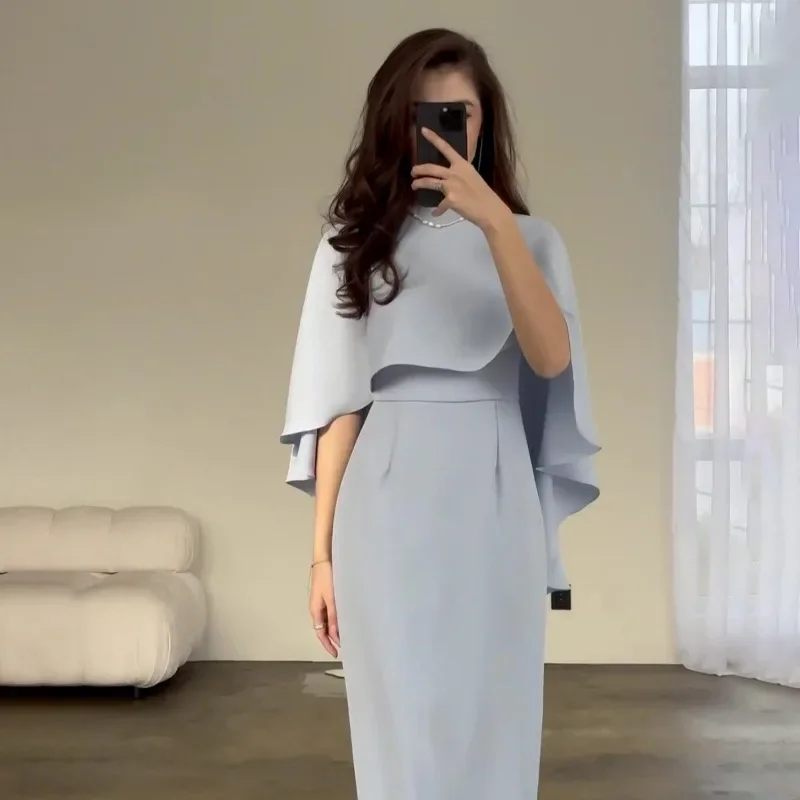 

Spring and Summer New Solid Color Satin Bat Shawl Style Waist Collection Long Sleeve Dress Round Neck Hip Wrapping Skirt 2025