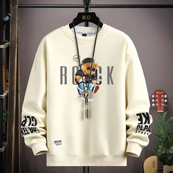 เสื้อยืดแขนยาวพิมพ์ลายหมีร็อคผู้ชายคนใหม่ฤดูใบไม้ร่วงเสื้อยืดผู้ชายแฟชั่นสีกากีเสื้อฮิปฮอปลำลองคอกลม2024