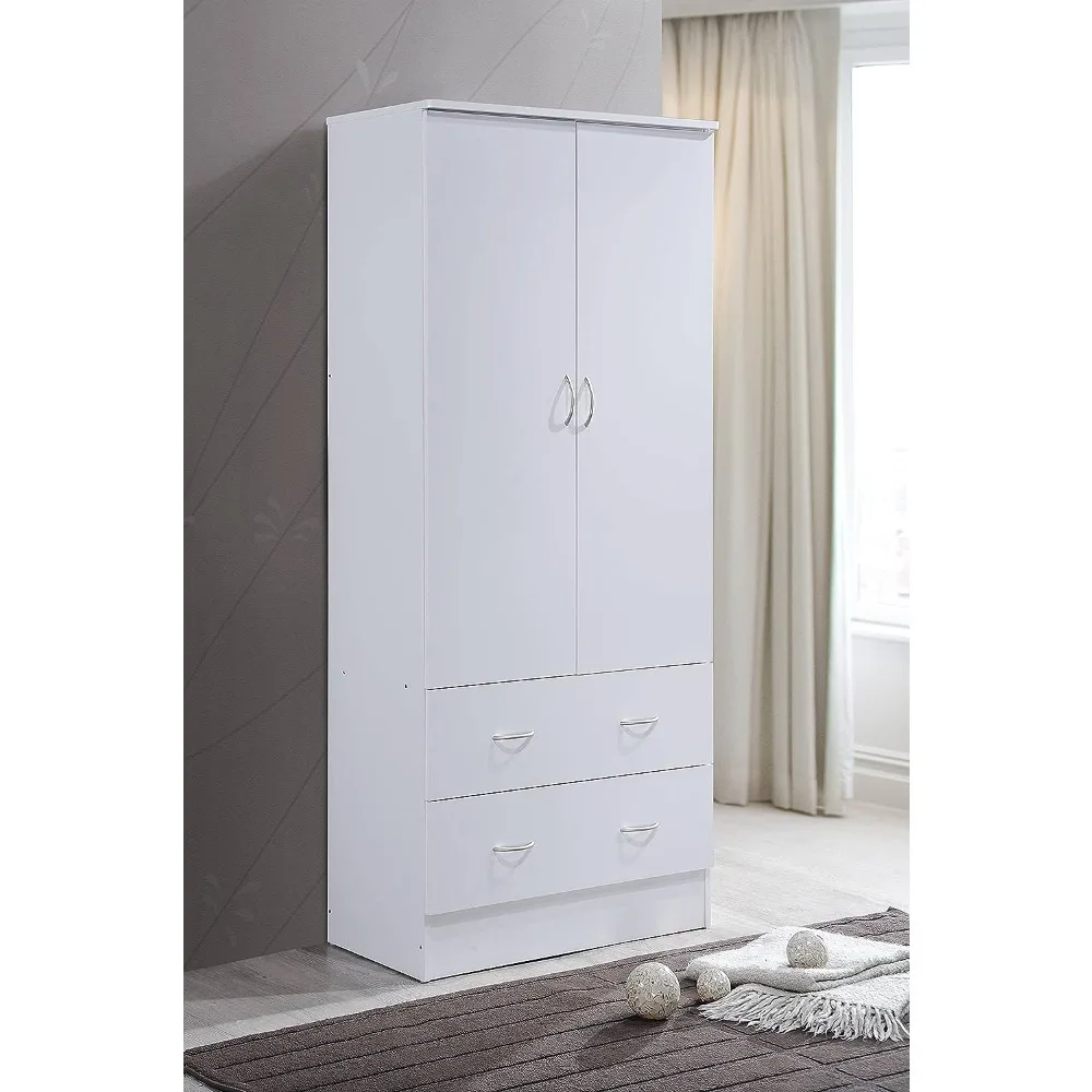 Wooden Wardrobe Bedroom Closet, Cabinet Equipped with Clothes Drying Rod and 2 Storage Drawers, White Wardrobe