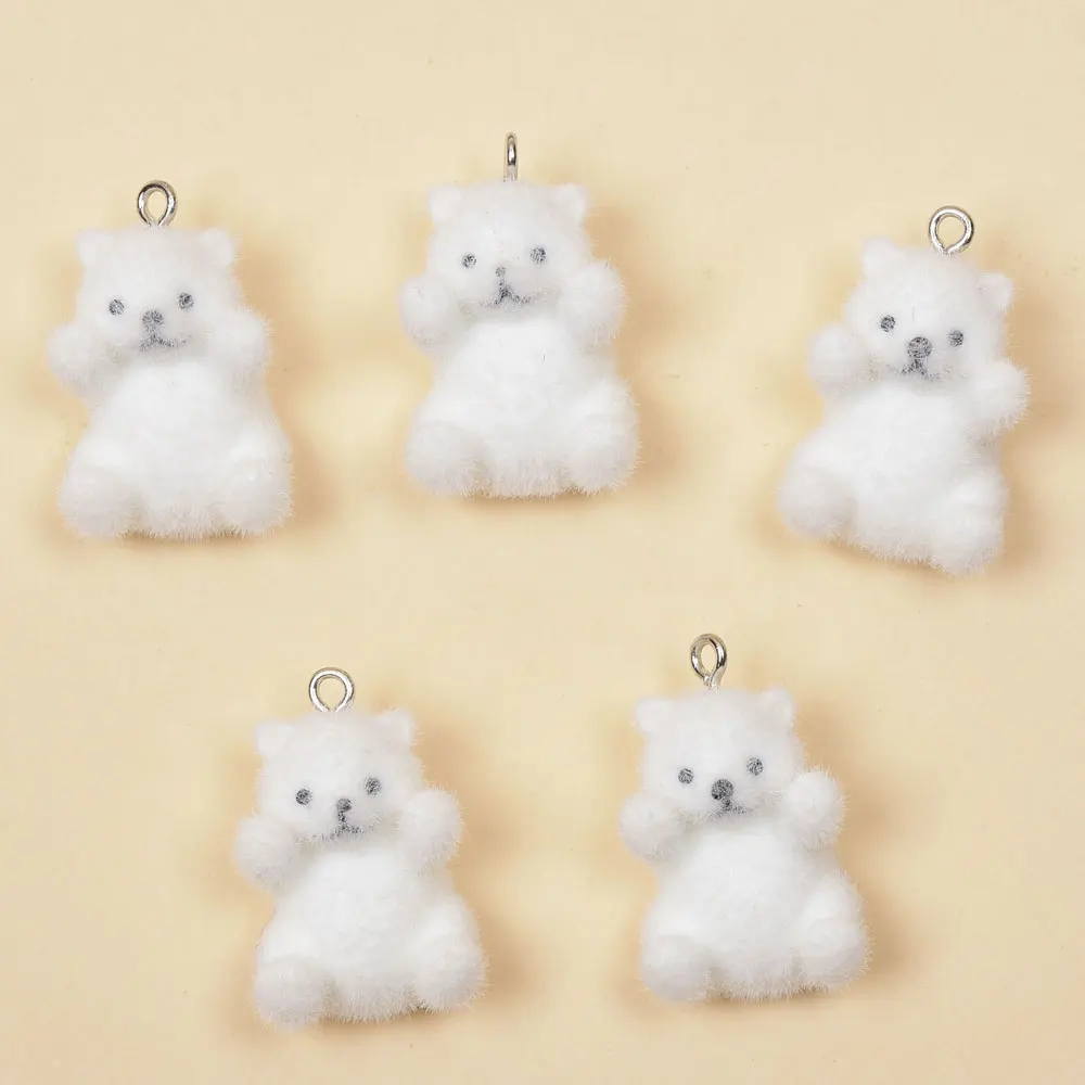 5/10Pcs 3D Flocking Polar Bear Resin Charms Cute Bear Animal Pendant for Earrings Keychain Making DIY Jewelry Accessories ﻿