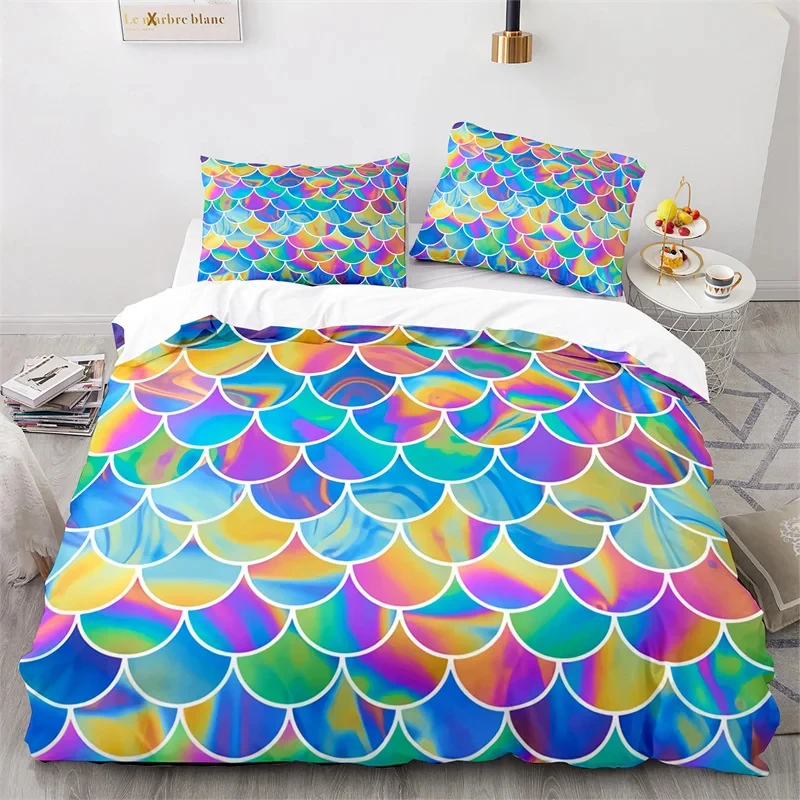 

Colorful Fish Scales Bedding Set Twin King For Boys Girl Blue Pink Mermaid Skin Surface Print Duvet Cover Polyester Quilt Cover