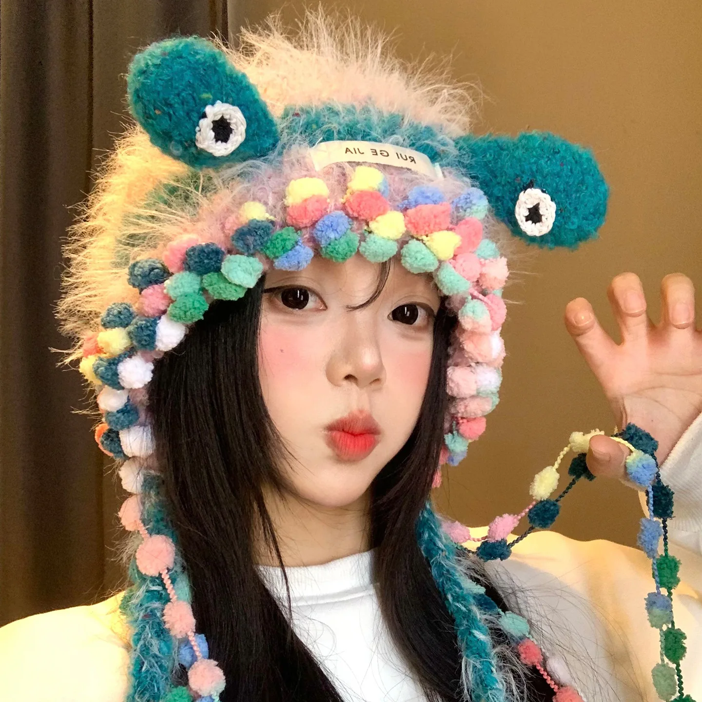 Women New Autumn and Winter 2025 Cute Little Monster Plush Braided Knitted Beanie Cap Thickened and Warm Knitted Bomber Hat