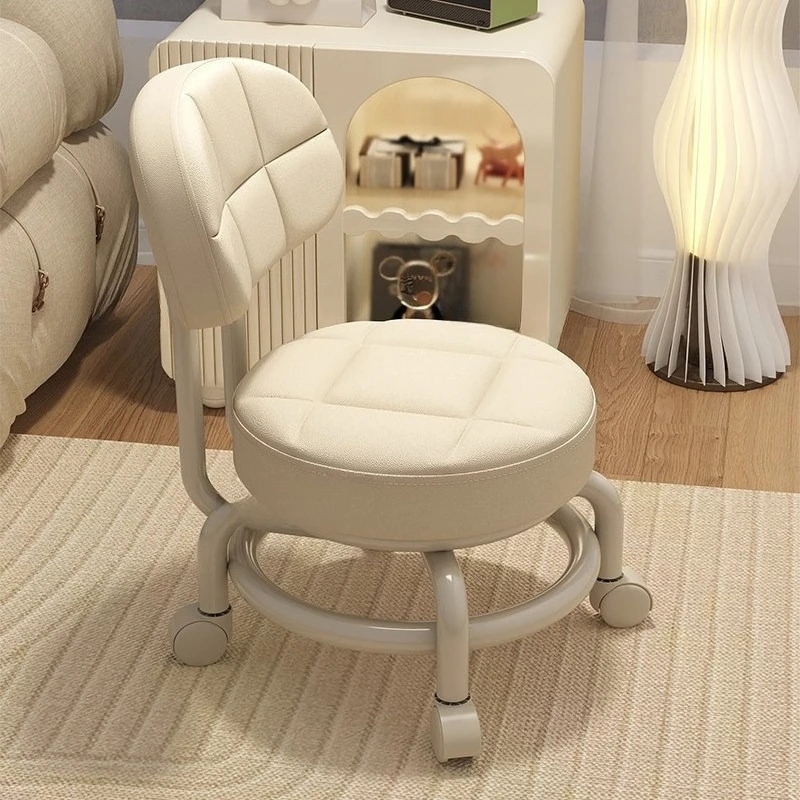 Round Low Stool with Casters Wheeled Swivel Shoe Changing Stool Backrest Chair Household Slide Scoot Stool