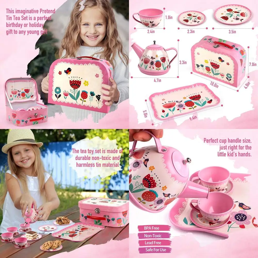 

D-FantiX Kids Tea Set for Little Girls, 15Pcs Pink Tin Tea Party Set for Toddlers Afternoon Tea Time Playset with Metal Teapots