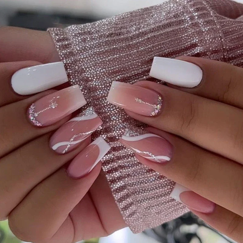 24Pcs/Set French Long Ballet Fake Nails Removable Acrylic Press on Nail Full Cover Adhesive Square Head Wearing False Nails Art