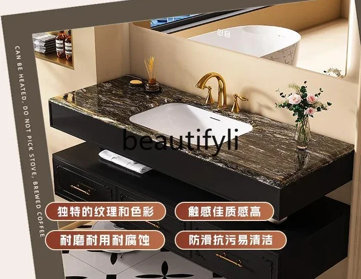 Q Platinum diamond luxury stone ceramic basin light luxury style rubber wood bathroom cabinet washstand