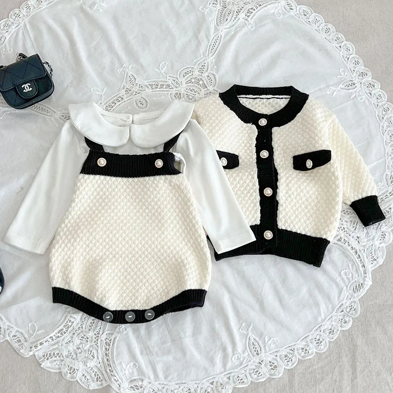 Autumn Winter Children Knitted Clothing Suit Long Sleeved Knitted Cardigan Coat+Jumpsuit Toddler Baby Girls Clothes Set