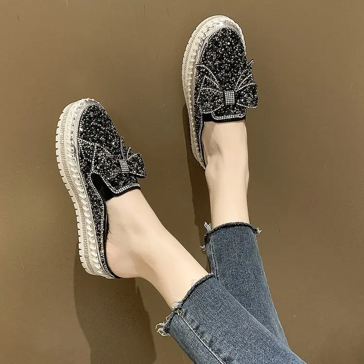 Low Female Shoes Ladies\' Slippers Glitter Slides Beige Heeled Sandals 2024 Jelly Summer Flat Black Rubber Crystal Fabric Solid R