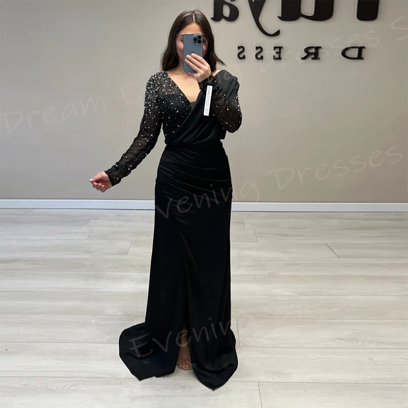 Robe de soirée sirène noire classique pour femme, col en V, robe de Rhsexy, perles, manches longues, fête formelle