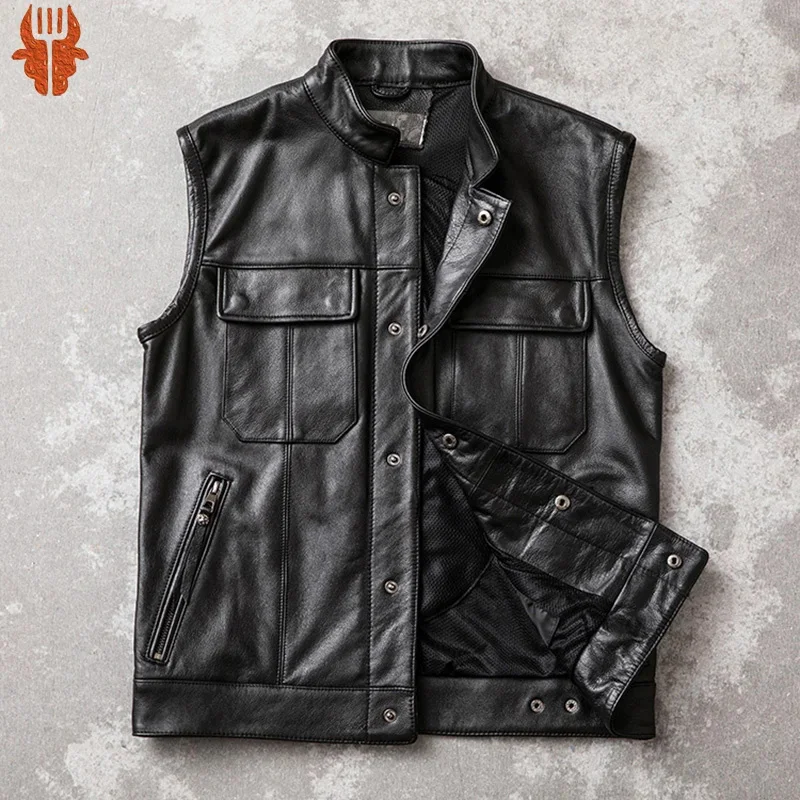 

Motorcycle Biker Leather Vest Men Genuine Cow Sleeveless Jackets 100% REAL Cowhide Stand Collar Waistcoat Outwear
