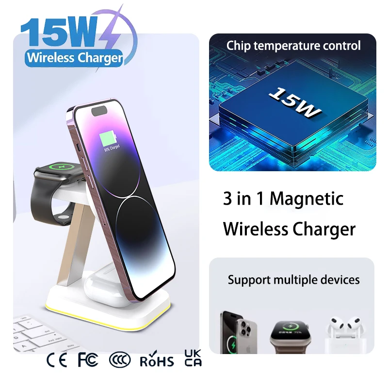 Wholesale Sale Wireless Charger Stand 3 in 1 Desktop Phone Charging 30w Magnetic Wireless Charger Station for iPhone Samsung