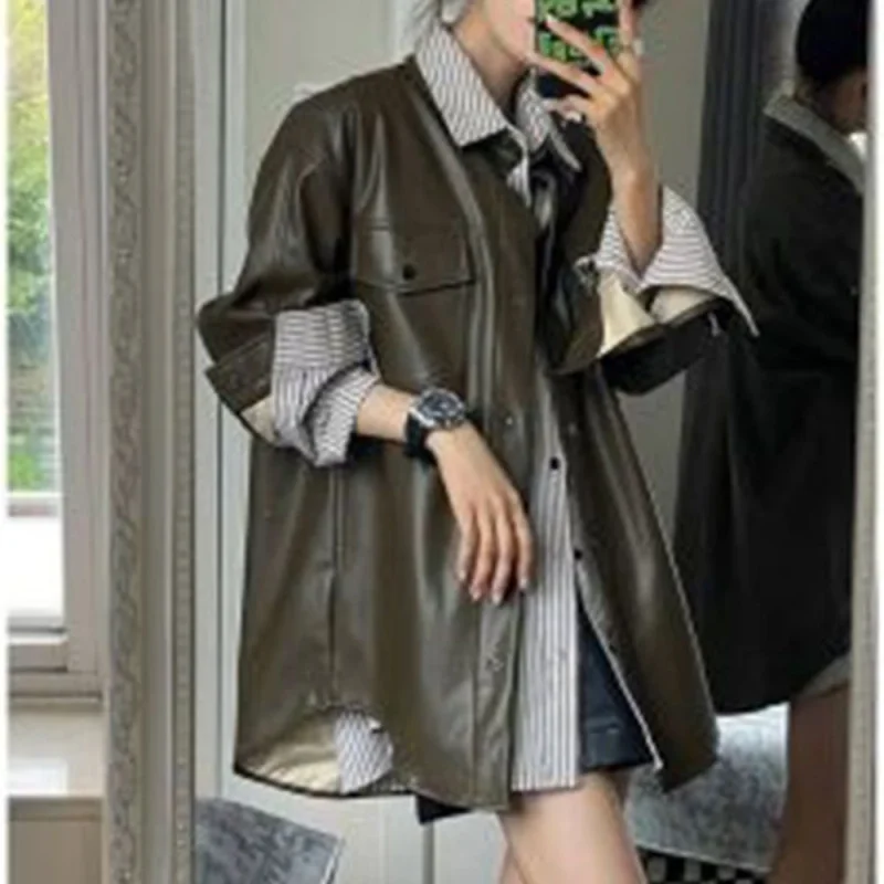 Autunno 2025 Giacca in pelle PU viola uva Giacca retrò da donna Camicia ampia Cappotto invernale da donna