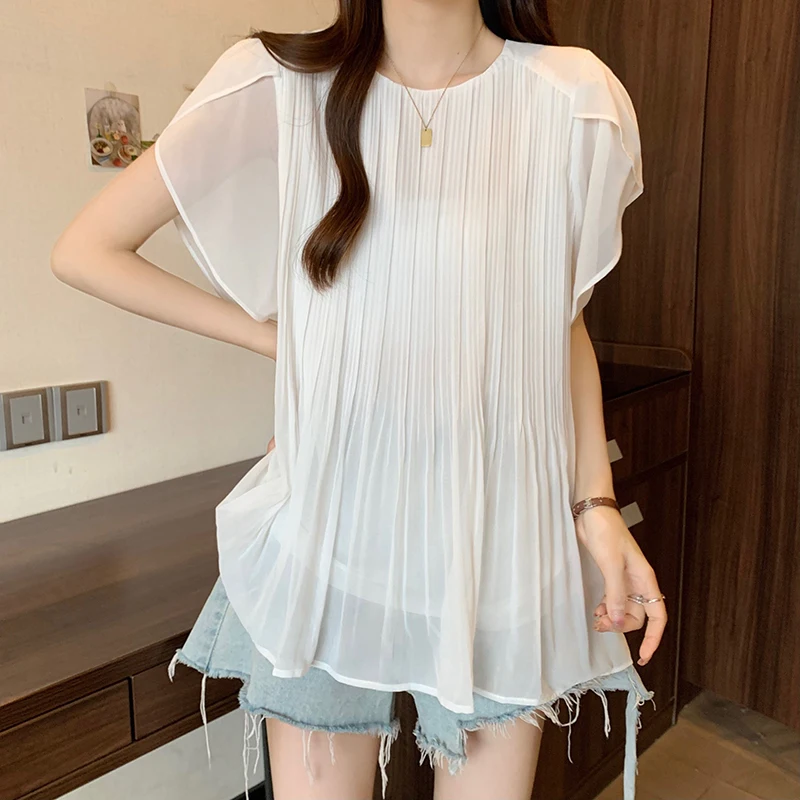 

Elegant O-Neck Solid Color Spliced Chiffon Folds Blouse Female Clothing Summer New Casual Pullovers Loose Office Lady Shirt