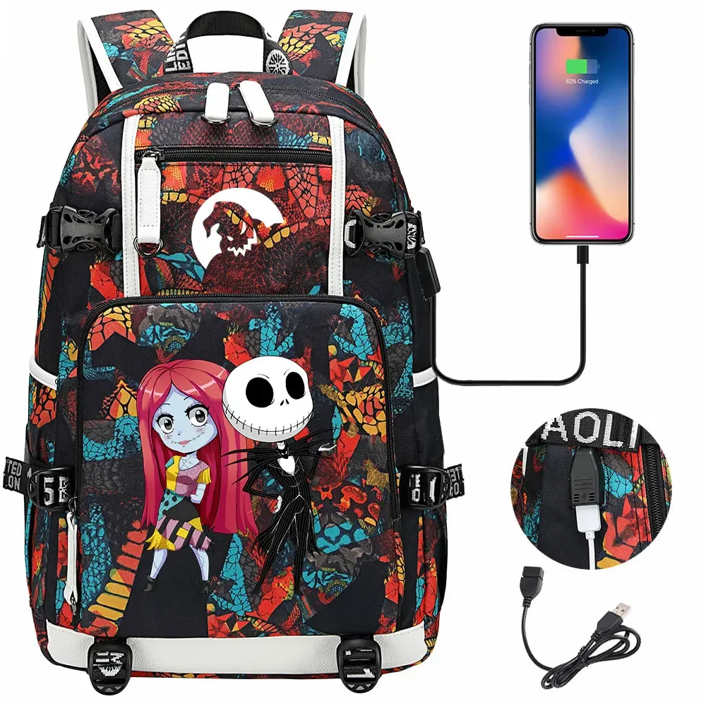 The Nightmare Before Christmas Backpack Kids Schoolbag Large Capacity Laptop Bag Waterproof Multifunction USB Charging Backpack