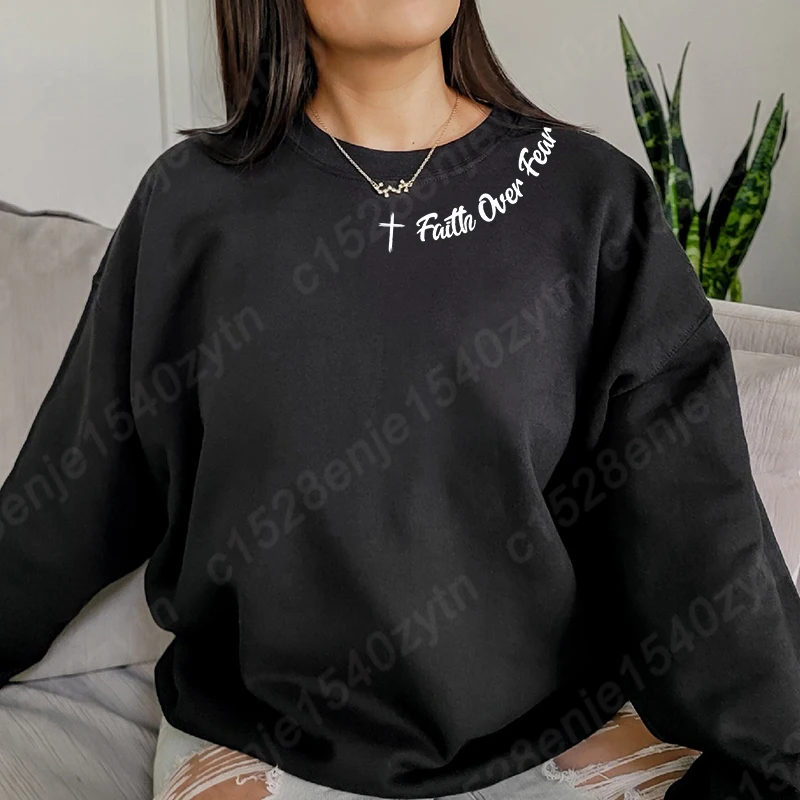 Christian Sweatshirt, Faith Over Fear Letter Print Sweatshirts, Long Sleeves Crew Neck, Religious Shirts,Trendy Christian Gifts