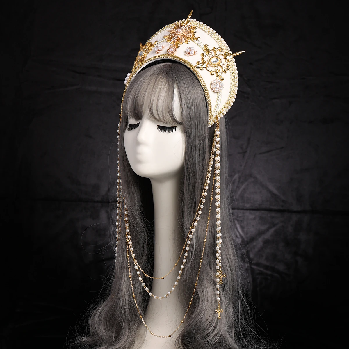 Renaissance Tudor Crown Headpiece Beads Chain Royal French Women Medieval Elizabethan Hood Coronet Tiara Headband