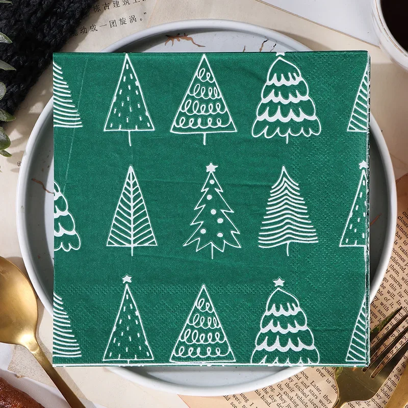 10/20pcs 33*33cm 2-Ply Painted Christmas Decoration Paper White Tracing Christmas Tree Printed Napkin Party Tissue Wholesale