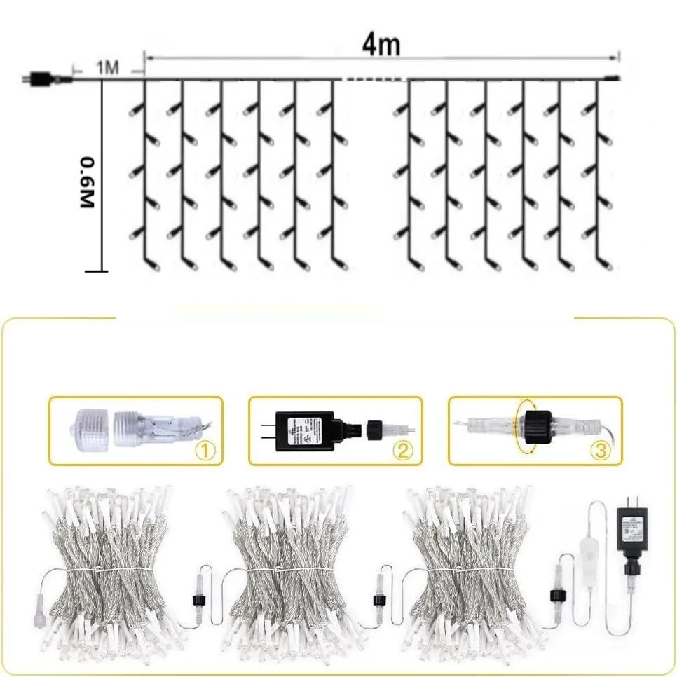 Świąteczne światła LED w stylu sopla z migoczącymi stroboskopami biały sopel kablowy (ciepła biel + zimny biały stroboskop) 4 M (szer.) * 0,6 M (wys.) Girlanda uliczna na domu Festoon Curtain Lights Nowy Rok 2025 Dekor