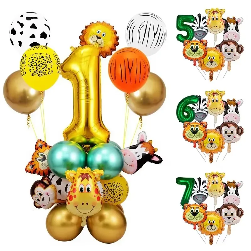 مجموعة بالونات Jungle Safari تحت عنوان مع أرقام حيوانات - بالونات هيليوم القرد والنمر للأطفال في غابة 0-9 سنوات