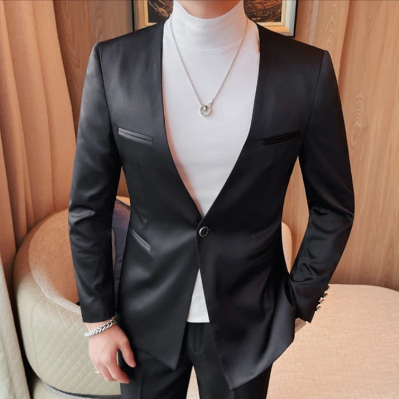 Luxury Solid Color Blazer Men Collarless Single Button Casual Business Suit Jacket Banquet Party Coat Uniform Wedding Social